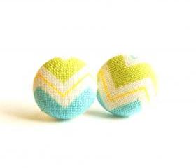 Chevron Fabric Button Covered Stud Earrings - Light Green