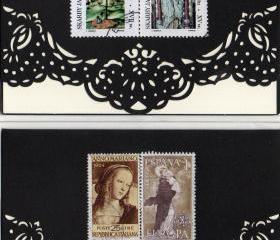 Set of 4 handmade greeting cards featuring vintage postage stamps -- one of a kind -- madonna and child, religious themes