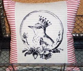 Decorative throw pillow cushion cover with black bird in a crown screen printed in black