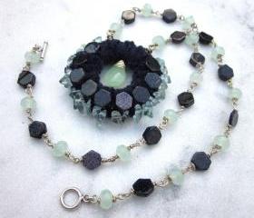Night Sky gemstone statement necklace with blue goldstone green chalchedony and quartz chips 