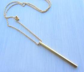 Brass stick bar gold long necklace, gold plated chain, minimalist jewelry.
