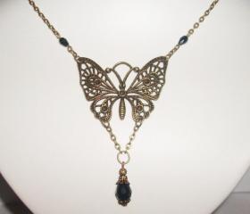 Lovely black crystal drop filigree butterfly pendant bride bridesmaid vintage look necklace