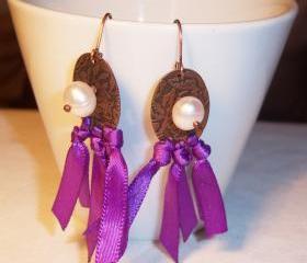 Antique copper earrings with pearls and ribbons leverbacks