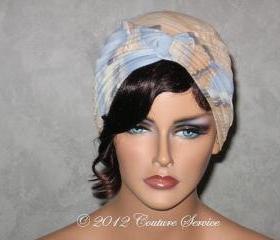 Handmade Twist Fashion Turban -Tan and Blue Abstract