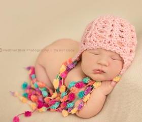 Crochet Little Pom Pom beanie for newborn baby girl in pink - MADE TO ORDER