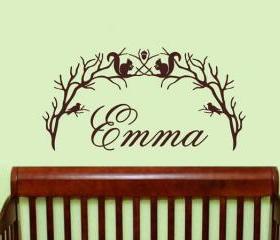  Personalized Woodland Branch Arch With Squirrels and Birds Vinyl Wall Decal 22212