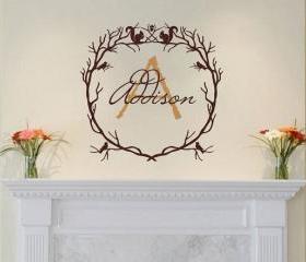  Monogram Woodland Branch Wreath With Squirrels and Birds Vinyl Wall Decal 22213