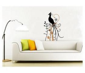 Wall Decal Peacock with Swirly Branch and Flowers Vinyl Wall Decal 22125