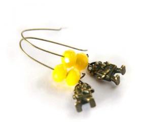 mini robots earrings - neon yellow beads - geek scifi funny