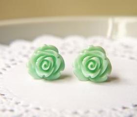 Mint Cream Rose Earrings. Titanium Posts. Romantic Pastel Shade