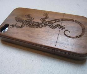 Iphone 4 case - wooden cases bamboo, cherry and walnut wood - Lizard - laser engraved