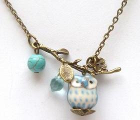 Antiqued Brass Leaf Turquoise Quartz Porcelain Owl Necklace