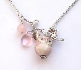Silver Leaf Jade Quartz Porcelain Owl Necklace