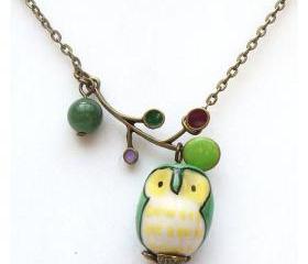 Antiqued Brass Leaf Jade Porcelain Owl Necklace
