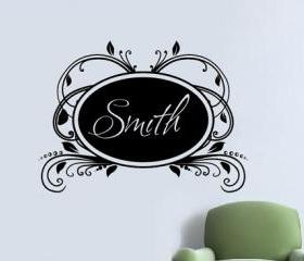 Custom Personalized Elegant Vintage Frame Vinyl Wall Decal Family Name Script Solid 22181