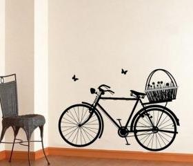 Wall Decal Bicycle with Flower Basket and Butterflies Vinyl Wall Decal 22129