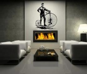 Wall Decal Bicycle Antique Vintage Style Bicycle and Man Large Vinyl Wall Decal 44"W x 51.5"H 22087