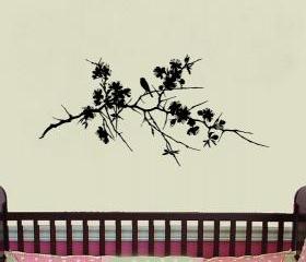 Wall Decal Tree Branch with Flowers and Bird Vinyl Wall Decal 22168