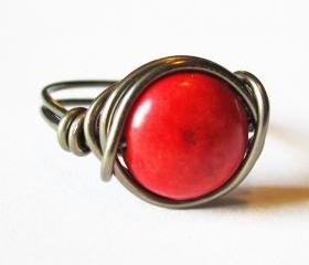 Red Magnesite Gemstone Ring, Wire Wrapped Jewelry