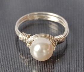 Wire Wrapped Sterling Silver Ring with White Swarovski Pearl- Custom Made to Size
