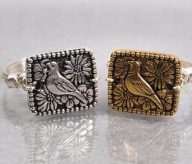 Sterling Silver Wire Wrapped Ring with Your Choice of Silver Or Gold Bird Bead- Custom Made to Size