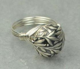 Sterling Silver Wire Wrapped Ring- Leaves Bead - Custom Made to Size