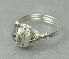 Sterling Silver Wire Wrapped Ring- Dragonfly Bead - Custom Made to Size