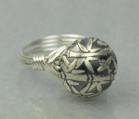 Wire Wrapped Sterling Silver Ring with Bamboo Bead - Custom Made to Size