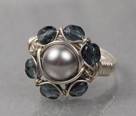 Sterling Silver Wire Wrapped Ring- Light Grey Swarovski Pearl and Grey Faceted Glass- Custom Made to Size