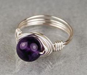 Sterling Silver Wire Wrapped Ring with Round Amethyst Gemstone- Custom Made to Size