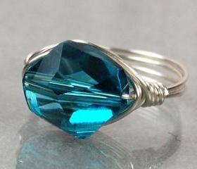 Wire Wrapped Sterling Silver Ring with Indicolite Swarovski Crystal- Custom Made to Size