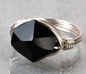 Sterling Silver Wire Wrapped Ring with Black Swarovski Crystal- Custom Made to Size