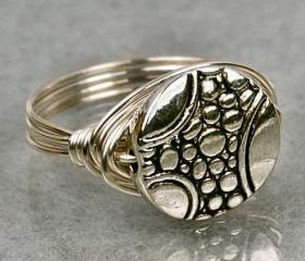 Wire Wrapped Sterling Silver Ring with Pewter Pebble Bead- Custom Made to Size