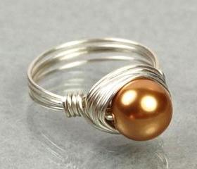 Pearl Ring in Sterling Silver - Wire Wrapped Bright Gold Swarovski Pearl- Custom Made to Size