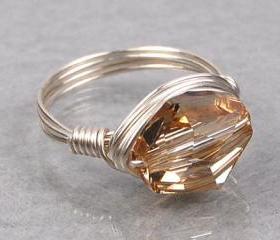Wire Wrapped Sterling Silver Ring with Golden Shadow Swarovski Crystal- Custom Made to Size
