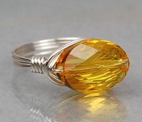 Wire Wrapped Sterling Silver Ring with Light Topaz Oval Swarovski Crystal - Custom Made to Size