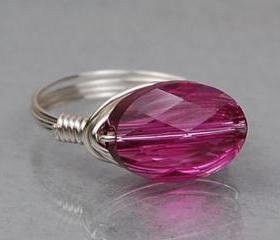 Sterling Silver Wire Wrapped Ring with Fuchsia Oval Swarovski Crystal - Custom Made to Size