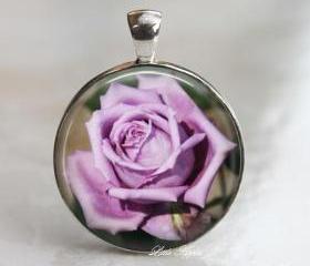 Beautiful bloom purple rose nature 1 inch round silver glass necklace keychain