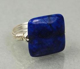 Sterling Silver Wire Wrapped Ring with Large Square Lapis Lazuli Gemstone- Custom Made to Size