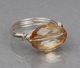 Sterling Silver Wire Wrapped Ring with Golden Oval Swarovski Crystal; Custom Made to Size