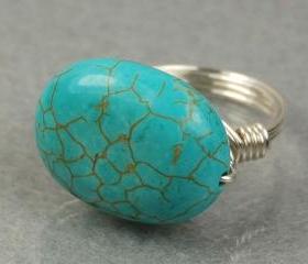 Large Turquoise Sterling Silver Wire Wrapped Ring- Oval Gemstone- Custom Made to Size