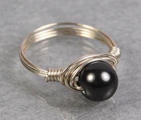 Sterling Silver Wire Wrapped Ring - Dark Grey Swarovski Pearl- Custom Made to Size