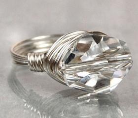 Sterling Silver Wire Wrapped Ring with Clear Swarovski Crystal- Custom Made to Size