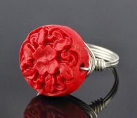 Sterling Silver Wire Wrapped Ring with Red Carved Floral Cinnabar- Custom Made to Size