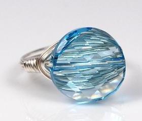 Wire Wrapped Sterling Silver Ring with Sky Blue Swarovski Crystal- Custom Made to Size