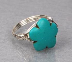 Turquoise Wire Wrapped Ring- Sterling Silver with Carved Howlite Flower Gemstone- Custom Made to Size