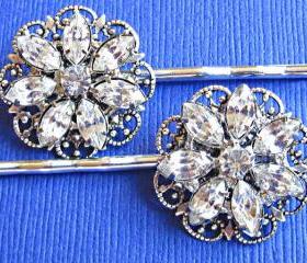 Wedding Hair Pins, Bridal Accessories, Flower Hair Pins, Set of 2, Crystal Hair Piece, Crystal Flower Hair Clips
