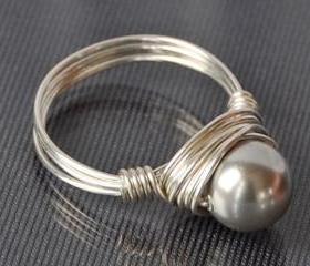 Sterling Silver Wire Wrapped Light Grey Swarovski Pearl Ring- Custom Made to Size