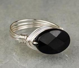 Sterling Silver Wire Wrapped Ring- Oval Faceted Onyx Gemstone- Custom Made to Size
