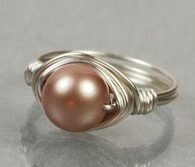 Sterling Silver Wire Wrapped Ring- Almond Swarovski Pearl- Custom Made to Size